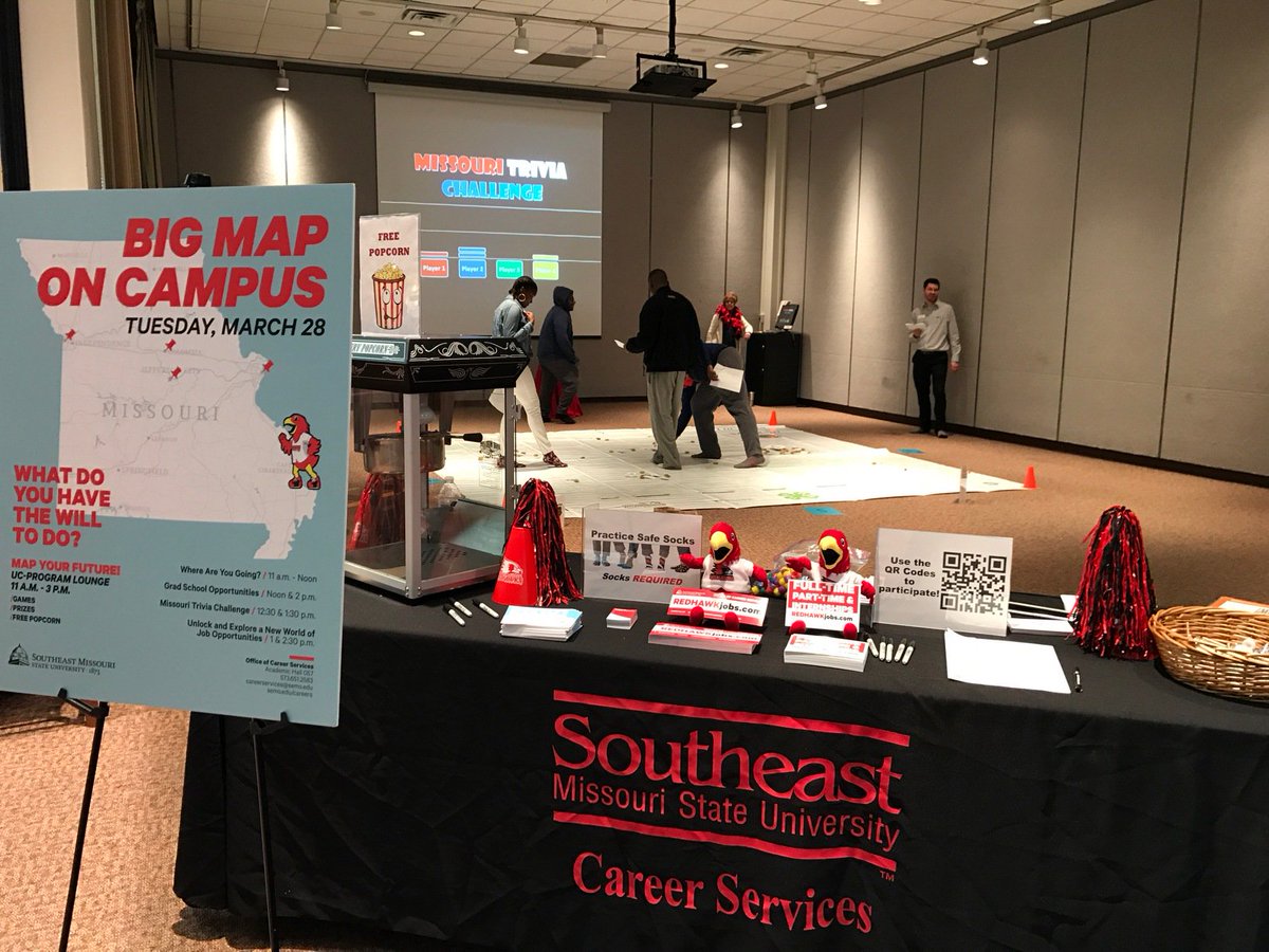 SECareerService's tweet image. Trivia Time at Big MAP on Campus! Check it out until 3 p.m. today in the UC Program Lounge. #bigmap #semo #trivia
