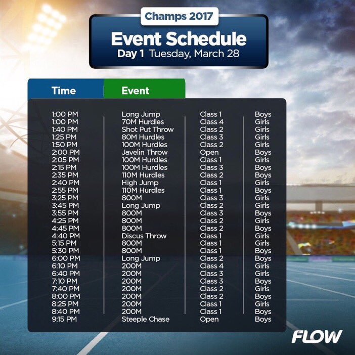 Join us now at the National Stadium and cheer on your favourite school as they compete in the following events on Day 1 of #FlowChamps. 😀