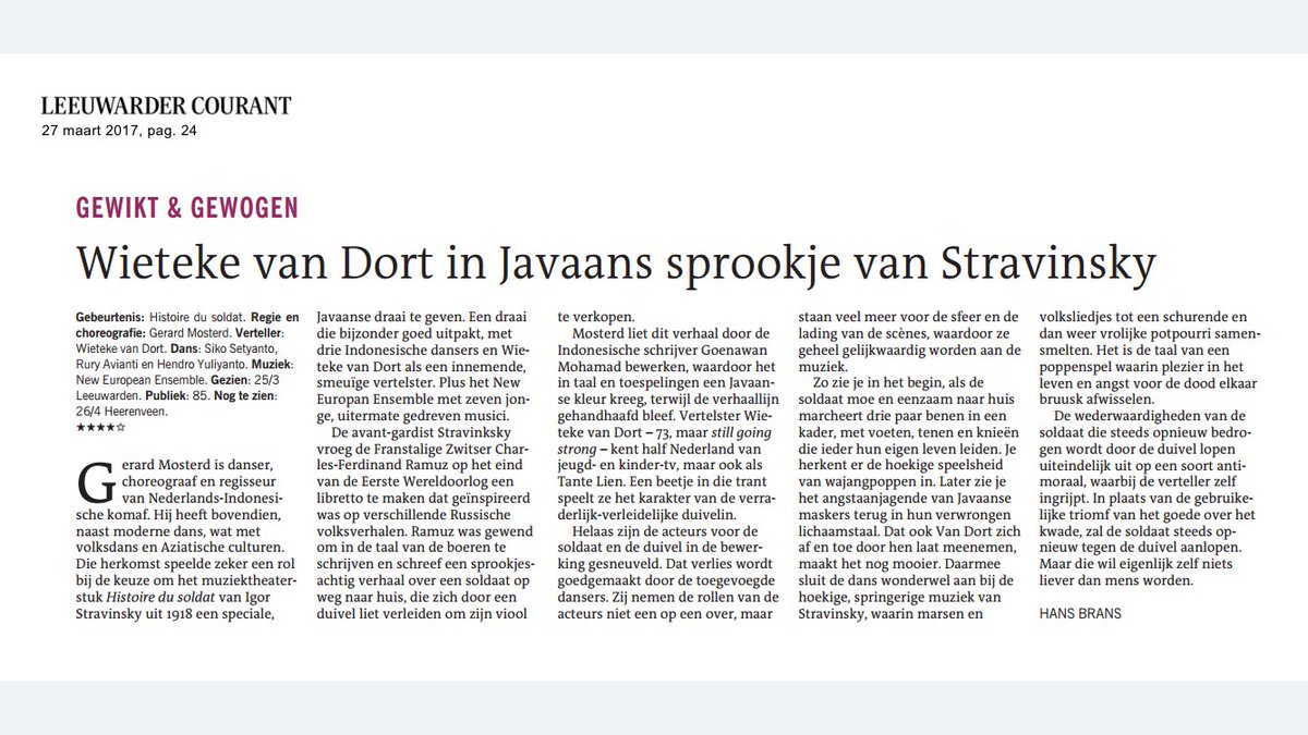 neweuropean's tweet photo. Een prachtige recensie van 'Een Javaanse L'Histoire du Soldat' @lc_nl: 'Wieteke van Dort als innemende smeuïge vertelster.' **** https://t.co/I14Eor5g26