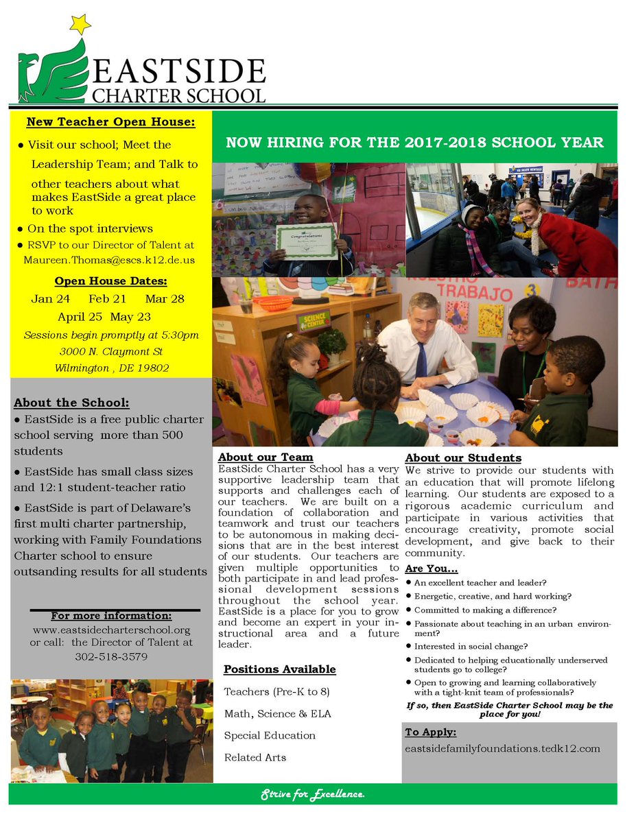 ESCS_Eagles's tweet photo. Teacher Open House TONIGHT, 5:30 pm at EastSide Charter School located at 3000 Claymont St, Wilm, DE. To apply: https://t.co/Dg4vRg97IX https://t.co/saiD0YRoHW