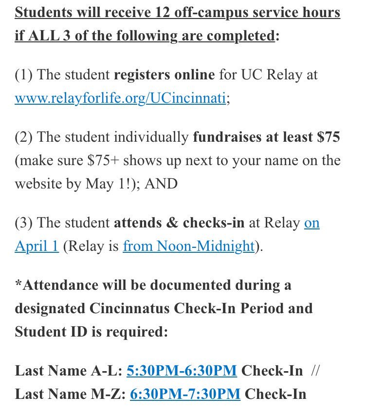 UCRelay's tweet photo. Your @Cincinnatus_UC hours matter to you, and to us, too. Read ALL the info below to ensure you earn 12 off-campus community service hours https://t.co/te97IFFJJs