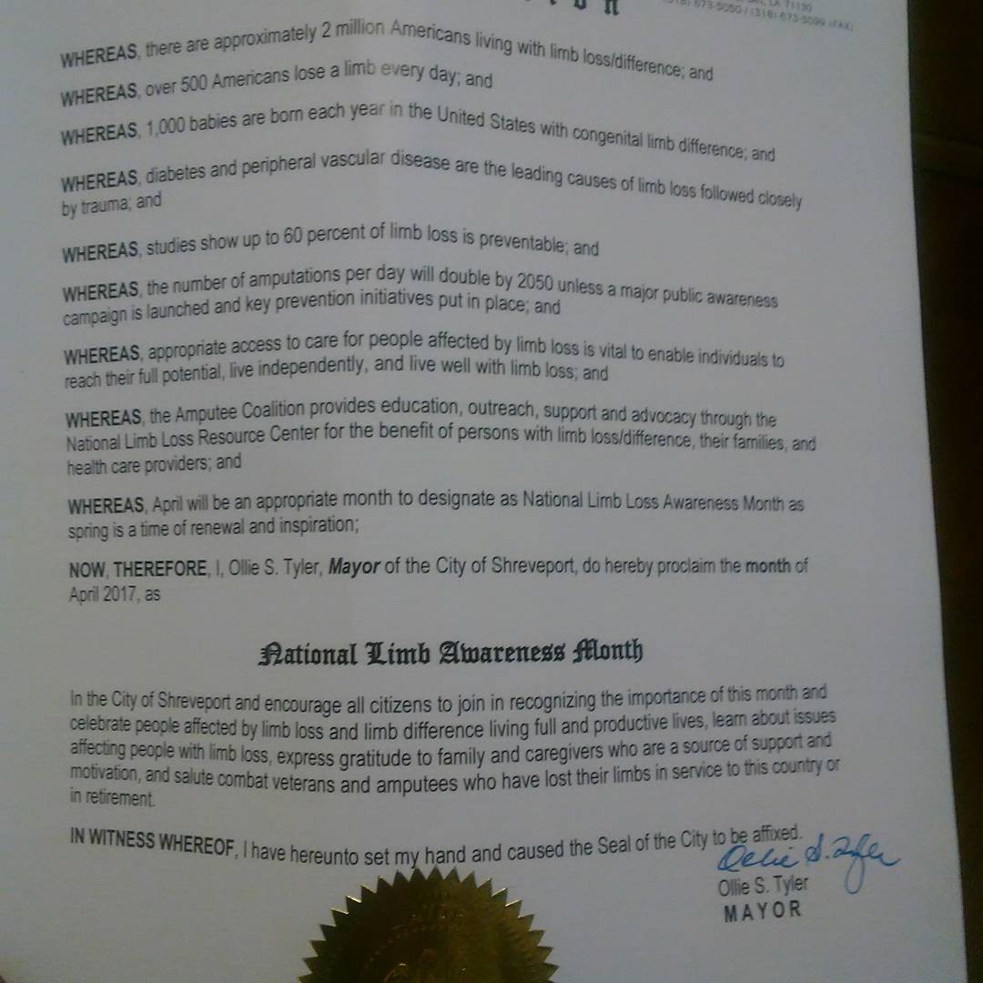 2canesdaovc's tweet photo. Thank you to our Mayor Ollie S.Tyler for making April National Limb Awareness Month!! #amplife #ampstrong https://t.co/cEqq6rY2wt