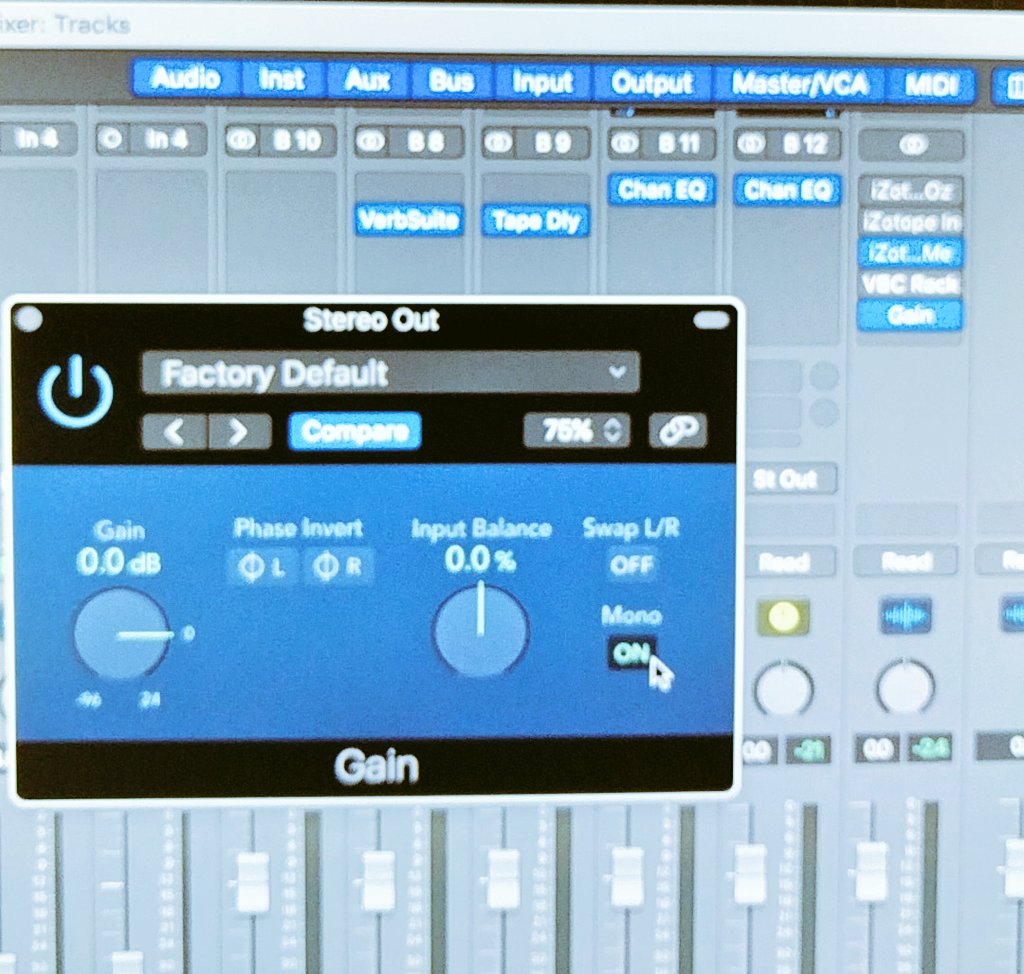 bridgeaudio's tweet image. Mixing in mono is key to EQ success!  Use the gain plugin in Logic in your Stereo Out buss. .#Mixing #recording