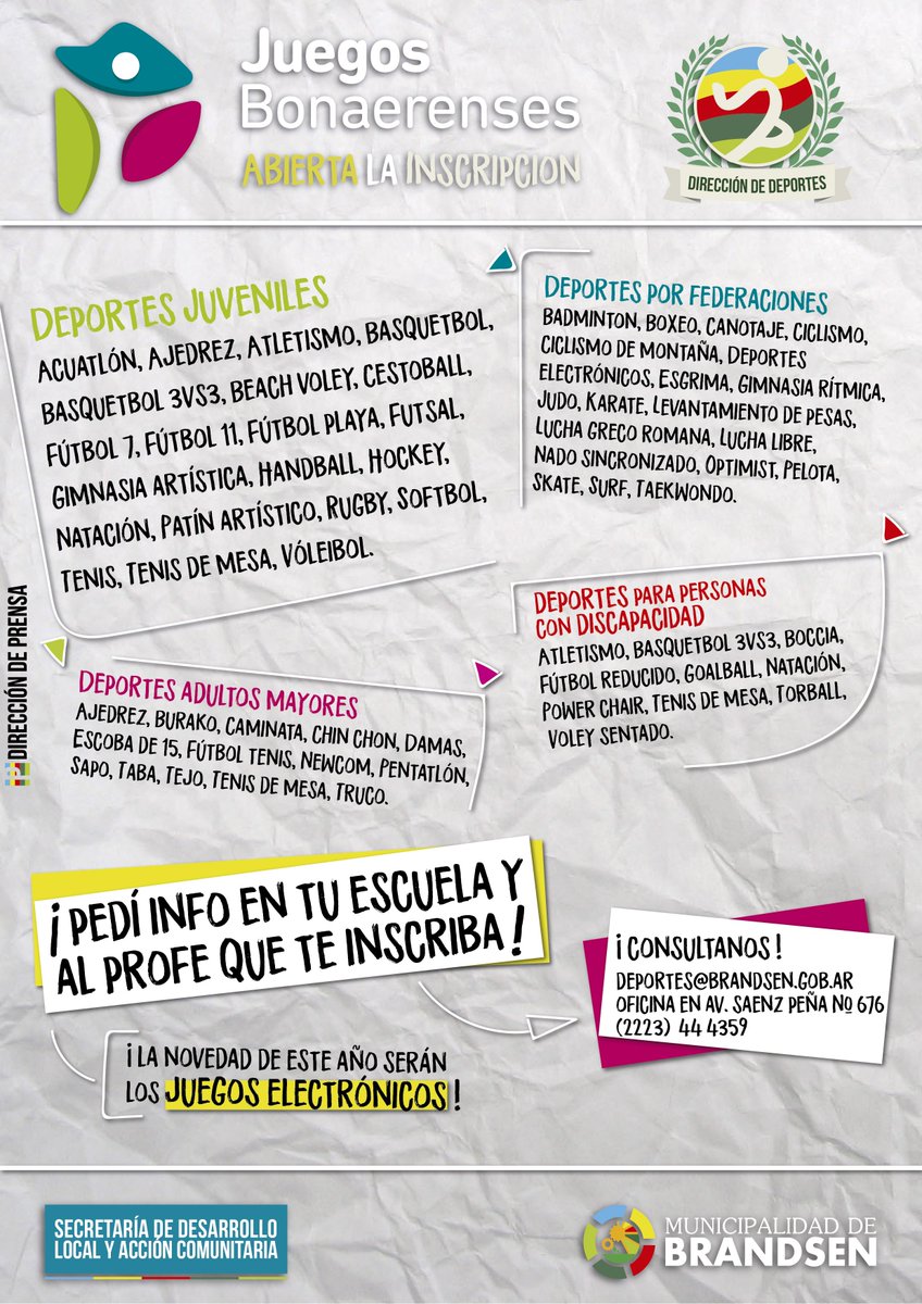 #JuegosBonaerenses2017
GRILLA DE DISCIPLINAS DEPORTIVAS DE LOS JUEGOS BONAERENSES facebook.com/prensamunicipa…