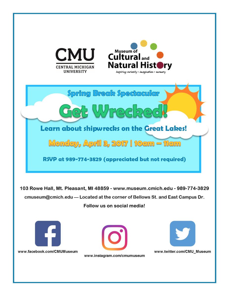 CMU_Museum's tweet photo. Would you like to learn more about shipwrecks on the Great Lakes? If so, come out to the museum Monday, April 3rd from 10:00-11:00 am! https://t.co/0nqoUb1dxA