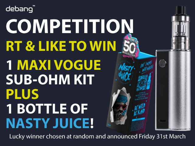 debangstix's tweet photo. Remember to Retweet, Like and Follow for your chance to win a Sub-Ohm kit and a bottle of Nasty Juice! #Vapefam #Debang #Nastyjuice #SubOhm https://t.co/5cvY7hPfVc