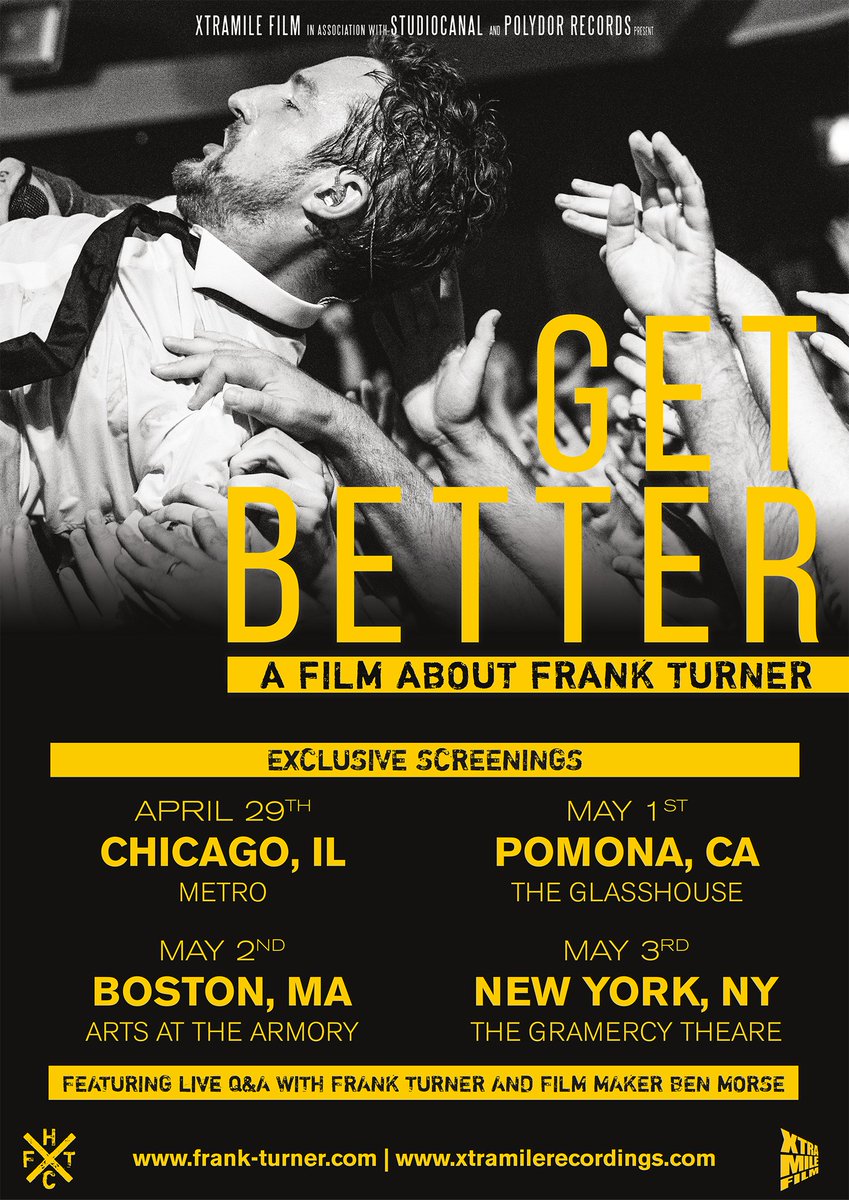 frankturner's tweet photo. Very pleased to share the exciting news that the documentary film 'Get Better' will be screening in the US theatres below this year. https://t.co/ryCgbK7nqj