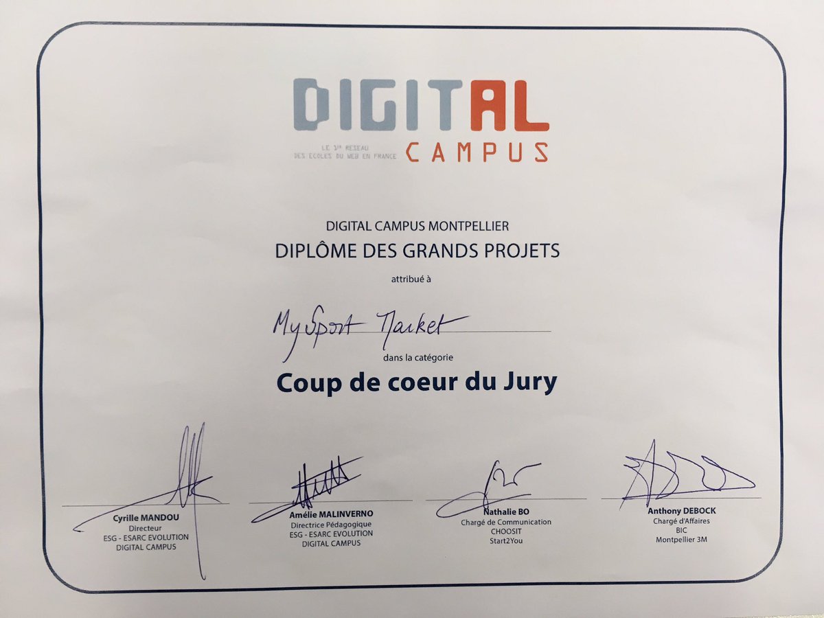 MySportMarket's tweet photo. Booom! Après 6mois de #travail #MySportMarket est élu coup de #cœur du jury de @DC_Mtp un grand #merci ! #marketplace #sport #startup https://t.co/FPnPeYv6cJ