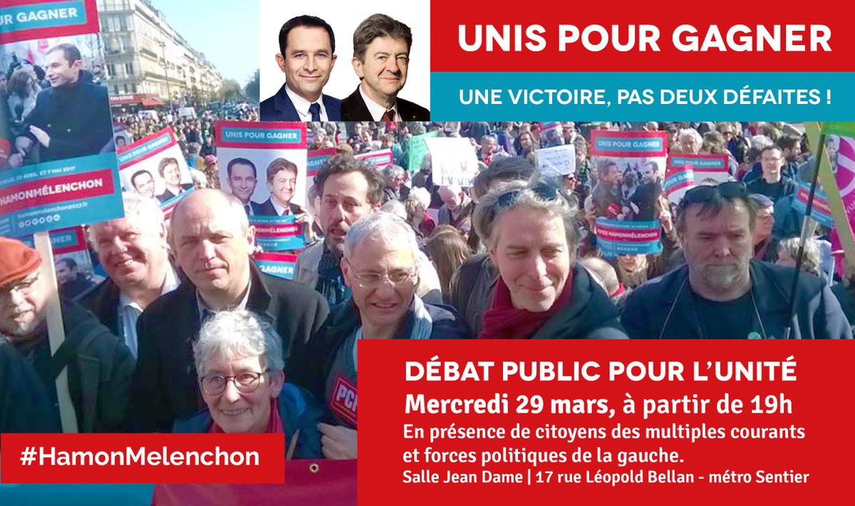 HamonMelench17's tweet photo. Débat public pour l'unité le 29 Mars #HamonMelenchon #Hamon #Jadot #Melenchon #VousAttendezQuoi #PCF #Alternativeagauche #union https://t.co/N6X8GJaRVC