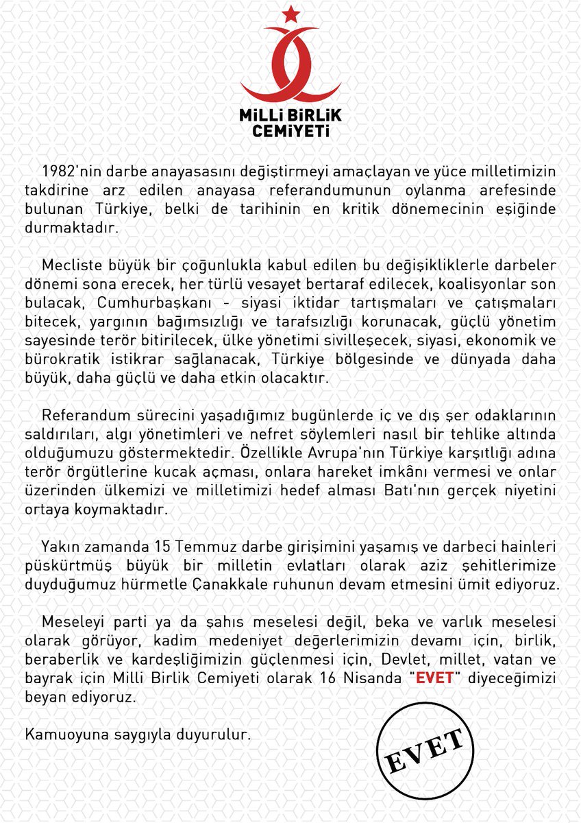 "Milli Birlik" için, EVET diyoruz.