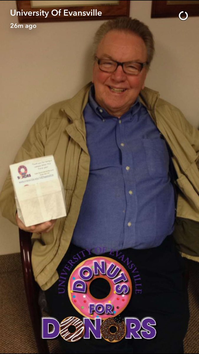 UEYoungAlum's tweet photo. Looks like Mr. @UETheatre enjoyed his #DonutsForDonors Check out the cool filter and follow @UEvansville on Snapchat #UEPepandVim https://t.co/jOe5imqdZh