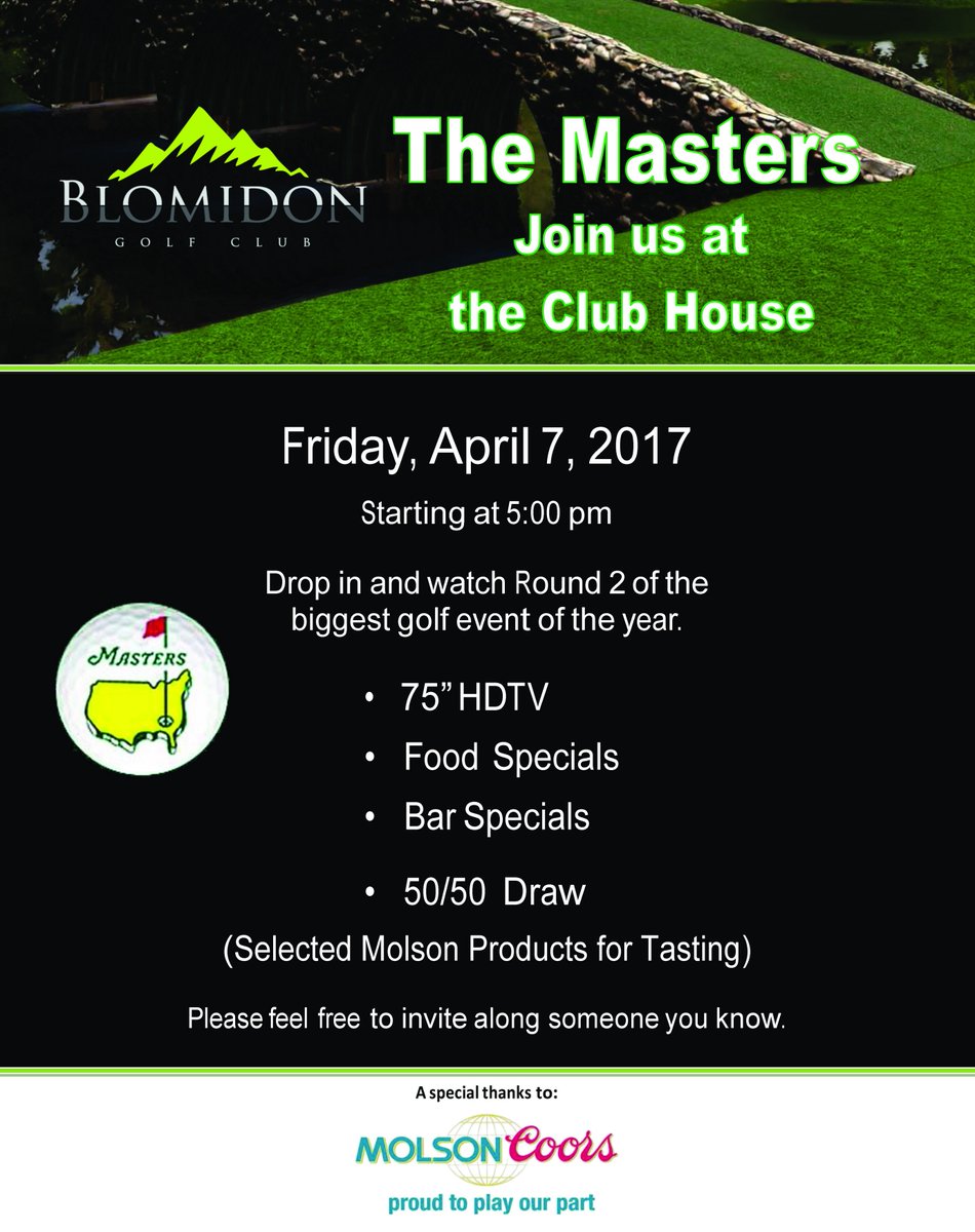 The Masters at Blomidon
Join us on Friday, April 7 at 5 pm for our annual kick off Masters viewing in the Club House.