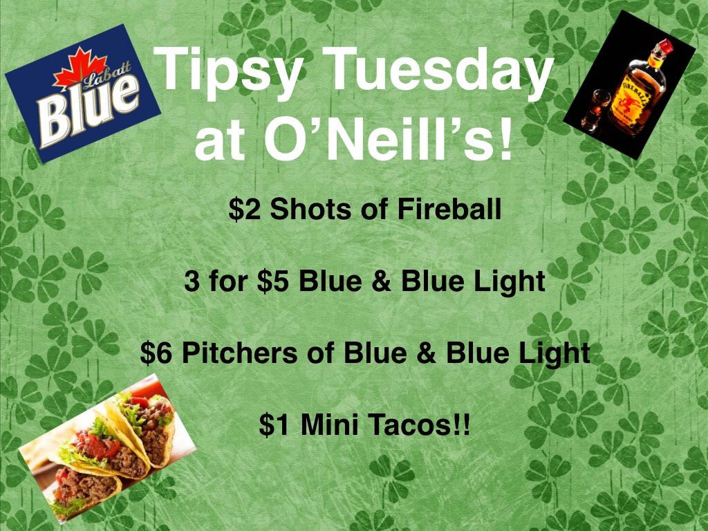 ONeillsStadiumI's tweet photo. Join us for our Tipsy Tuesday! 🍺

Drink specials and $1 Tacos all day long! 🍀 https://t.co/fH6VzqUmdP