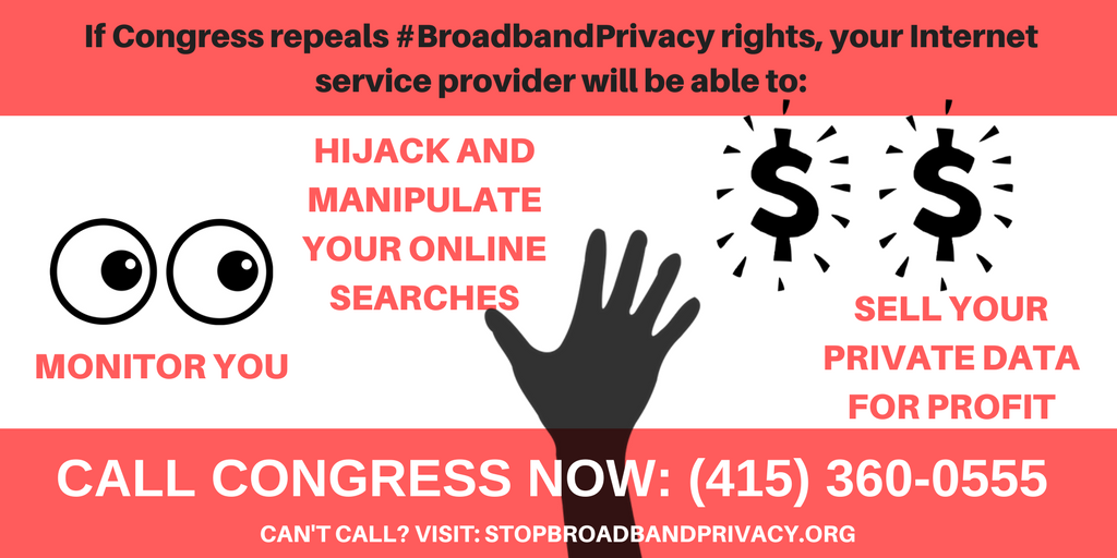 fightfortheftr's tweet photo. In just a few hours Congress could vote to let ISPs spy on you for profit. Call Congress now, tell them to protect #BroadbandPrivacy! https://t.co/IixbRImiLy