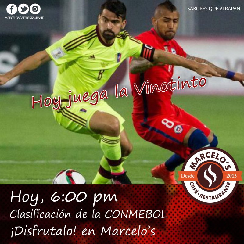 marceloscafe's tweet photo. El juego de hoy no te lo puedes perder, vamos a disfrutarlo en Marcelo's. Venezuela vs Chile a las 6:00pm #MarcelosCafeRestaurant https://t.co/fMUsJJA7gU