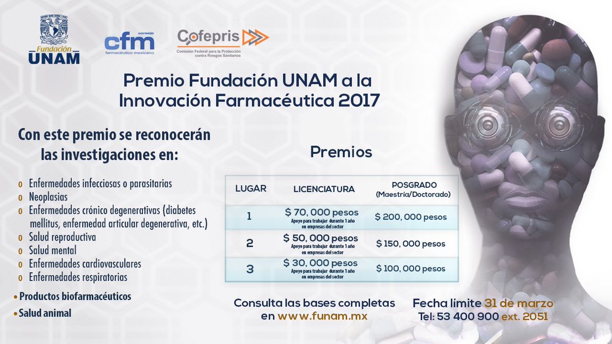 FacMedicinaUNAM's tweet photo. #Participa | @Fundacion_UNAM premia a la investigación en la innovación farmacéutica, entérate de las bases: https://t.co/GAW1tPGfad https://t.co/wq9mk9l2xR