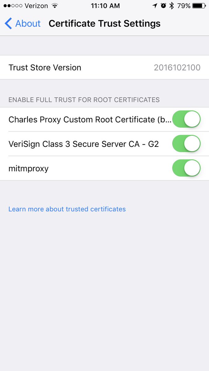 noir's tweet photo. If you have trouble proxying SSL/TLS traffic on iOS 10.3:
Settings > General > About > Certificate Trust Settings at the bottom. https://t.co/5yXnZqDKrZ