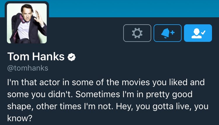 Tom Hanks' Twitter bio is such a chill life philosophy, I love it