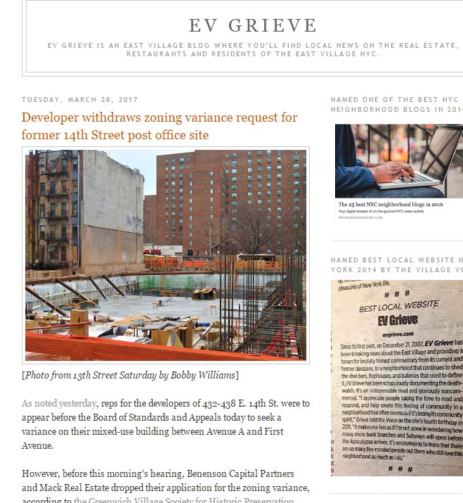 GVSHP's tweet photo. The @evgrieve has the latest on the #Win #432east14thstreet https://t.co/JbKaf6L9sX
#novariance #bsa #bsareform #eastvillage @evccnyc https://t.co/V3sgfi9mDT