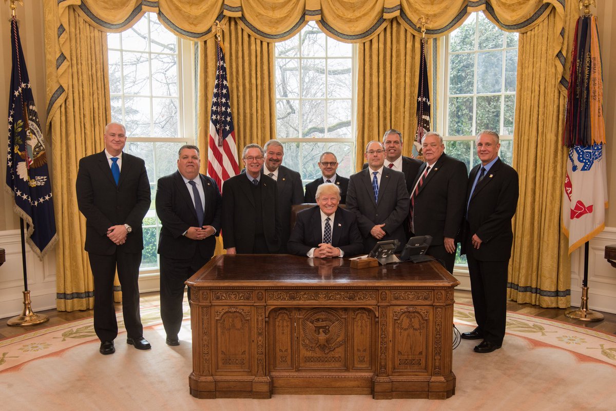POTUS45's tweet image. With the fraternal order of police in the Oval Office - after a great listening session in the Roosevelt Room at the @WhiteHouse.