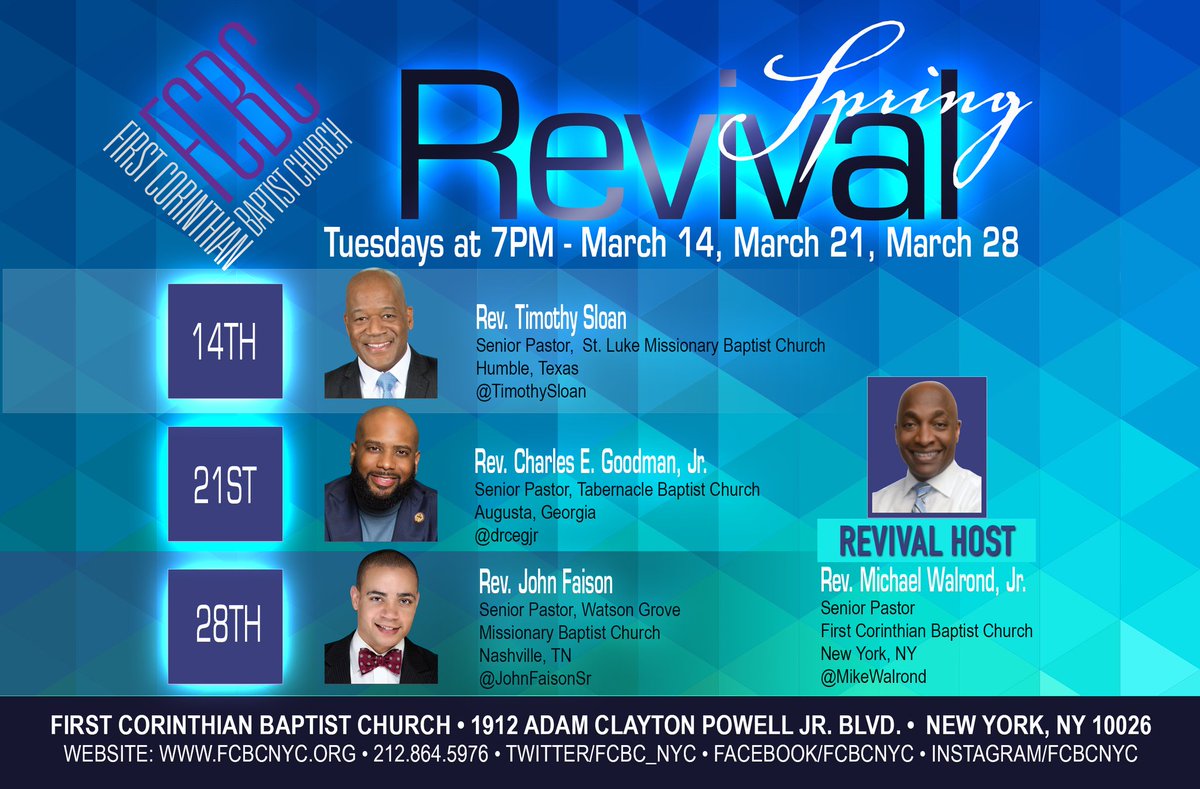 FCBCNYC's tweet image. #Tonight: It's going down. Our #SpringRevival is here with Rev. @johnfaisonsr...we're ready for a word.
----
1912 ACP Blvd @ (116th st)