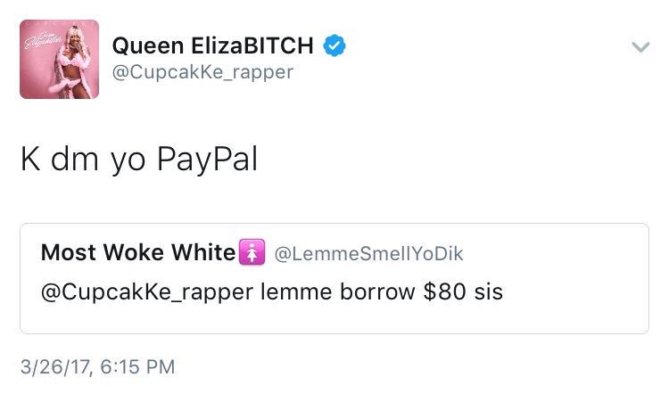 Musicnews_feed's tweet photo. CupcakKe constantly sends money to her fans, and just recently she sent $200 to a girl who got kicked out of an abusive home. A true saint 💙 https://t.co/JKG2LtQoNk