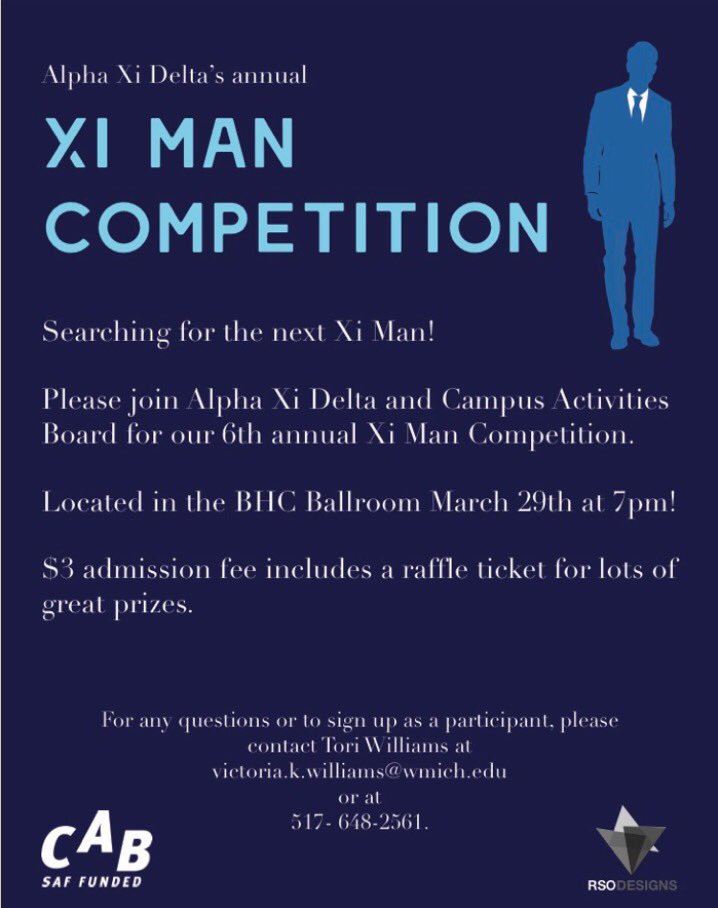 AlphaXiDeltaWMU's tweet image. Please join us tomorrow at 7pm in the Bernhard Center as we crown our Xi Man of the year! All proceeds go to Autism Speaks 💙💛