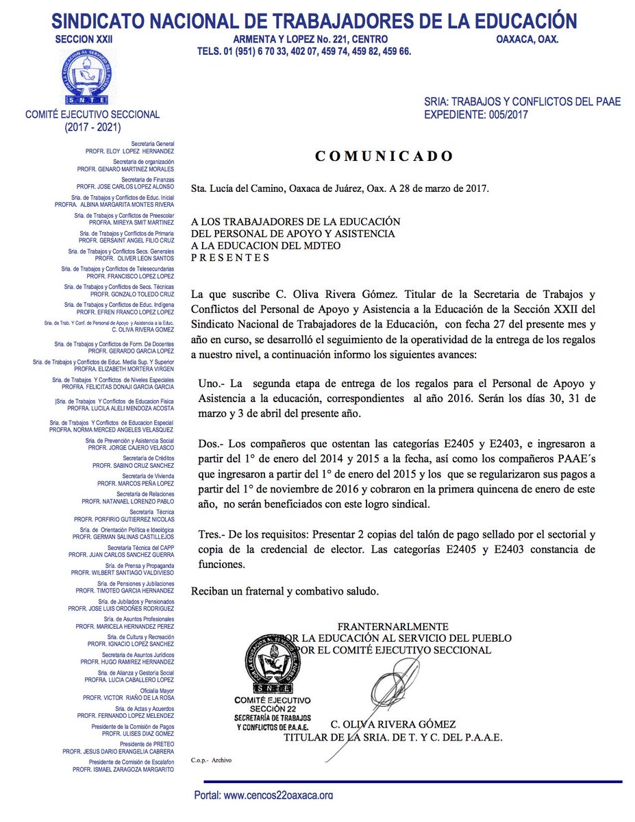 Seccion22Cencos's tweet photo. COMUNICADO DE LA SECRETARÍA DE TRABAJOS Y CONFLICTOS DEL NIVEL DE PAAE, 28 DE MARZO DE 2017. https://t.co/p7n9VycqAp
