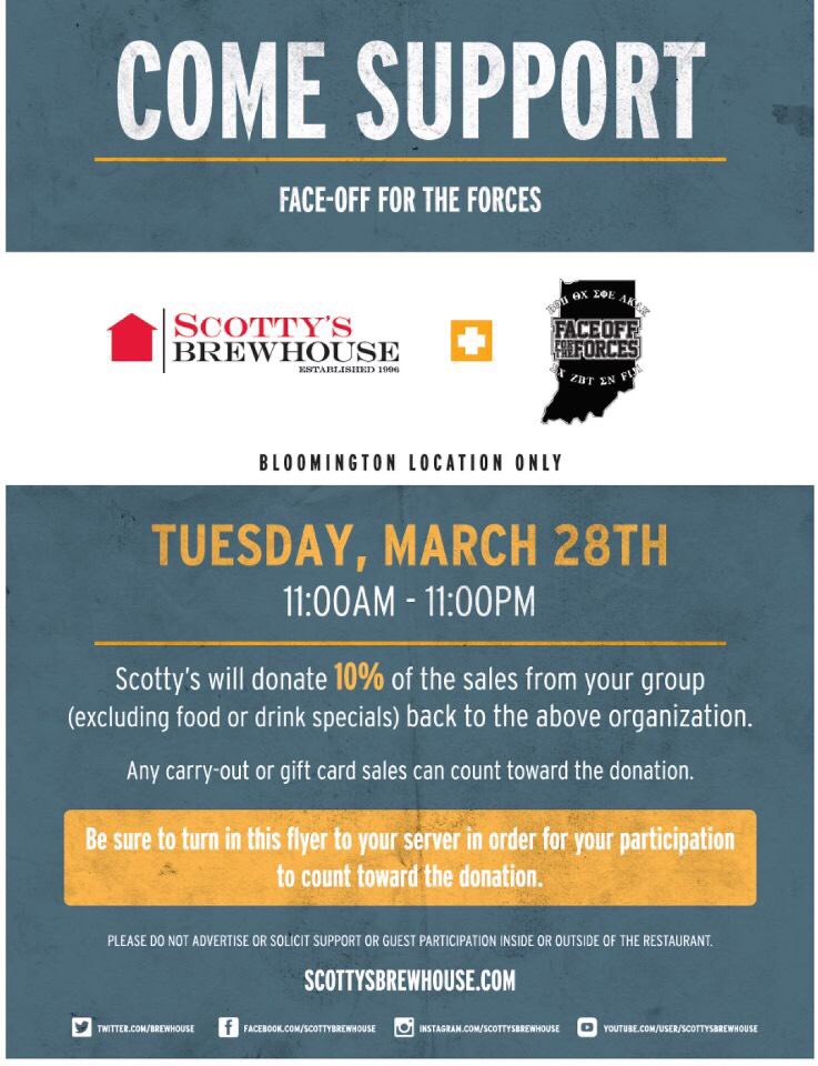 Check out the flyer below for info on a percentage night for Face Off For The Forces! Go to Scottys!