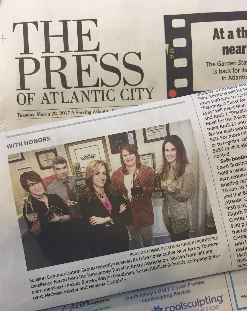 suasiongroup's tweet photo. Great shoutout from @ThePressofAC showcasing our third consecutive NJ Tourism Excellence Award! #PRSuasion #PRNirvana #SuasionTurns10 https://t.co/Mc7y8XyfND