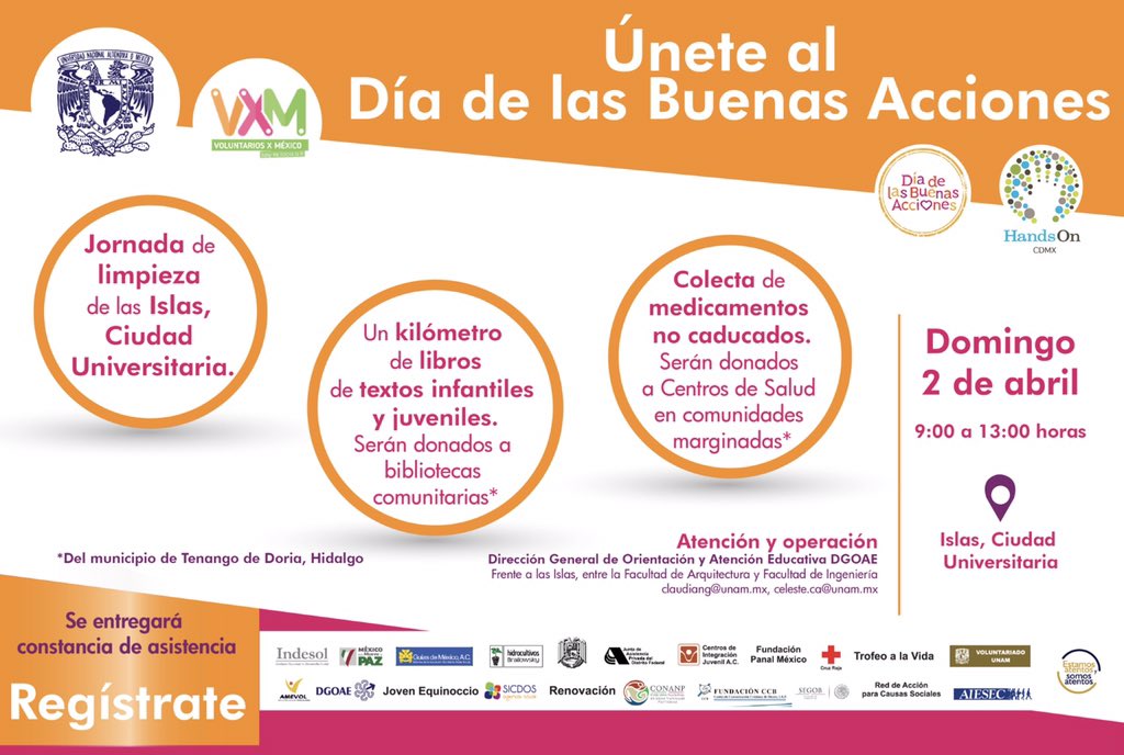C_CulturaUNAM's tweet photo. Súmate a los voluntarios UNAM en los #diadelasbuenasaccionesmexico Regístrate en https://t.co/5TepuPH3Ss #ContigoUNAM @GoodDeedsDay https://t.co/Fh6OqOiWbk