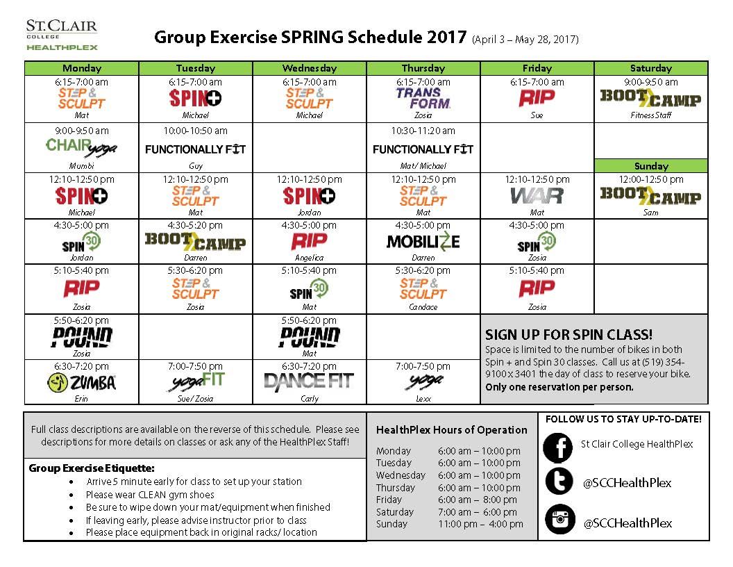 SCCHealthPlex's tweet photo. It's here!  The #GroupExercise Spring 2017 schedule is now available.  Pick up your copy today!  #scchealthplex #forthehealthofit https://t.co/0W8sJpNLtC