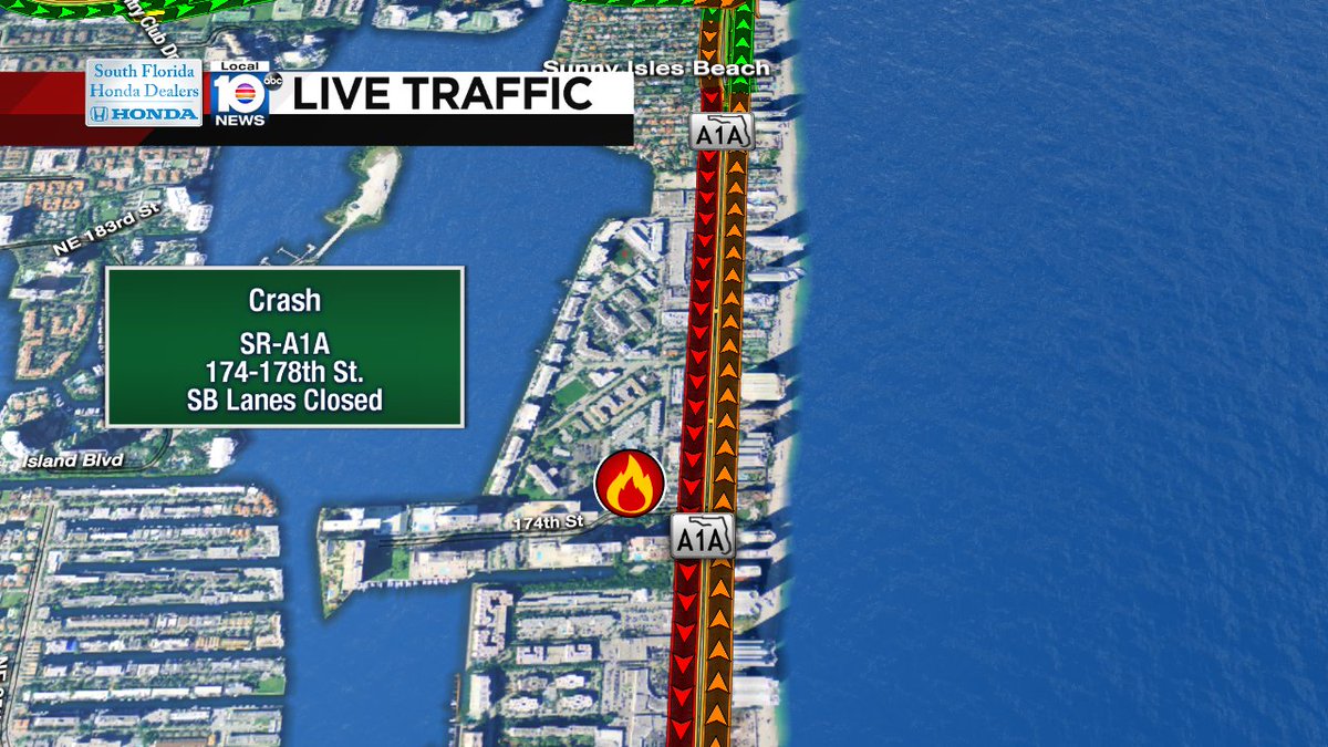 BREAKING: SB SR-A1A in Sunny Isles is closed in between 174th to 178th streets due to a van fire. #TRAFFIC https://t.co/ZAFa36WKdV
