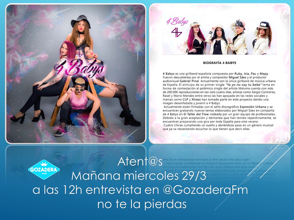 4Babys_oficial's tweet photo. Atent@s 
Mañana miercoles 29/3  a las 12h entrevista en @GozaderaFm 
no te la pierdas
contaremos muchas cositas https://t.co/UERTNcnUz6