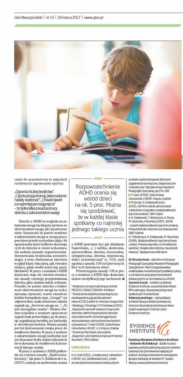 W najnowszym numerze Głosu Nauczycielskiegoo: "Jak pracować z uczniem z #ADHD?" - w stałej rubryce prowadzonej przez <a href="/EvidInstitute/">Evidence Institute</a>