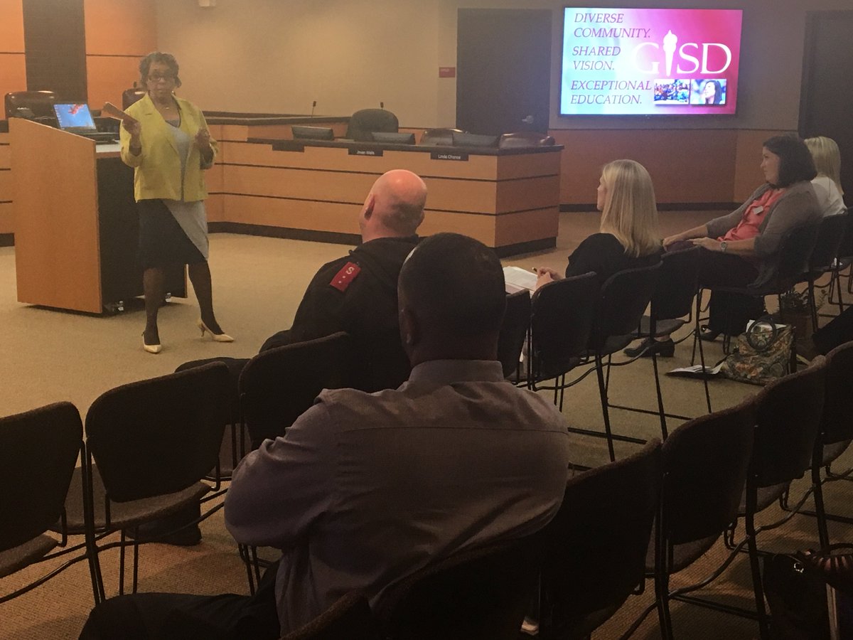 TiffanyVeno's tweet photo. "We are elected officials. We are the community's voice. We are a team of eight." - Board President Linda Griffin #GetToKnowGISD https://t.co/2wd5R87s4N