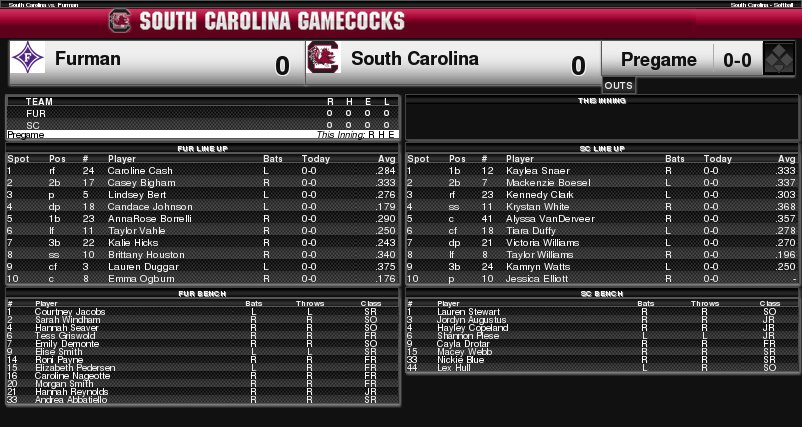 GamecockSoftbll's tweet photo. 30 minutes till first pitch. Join us at Carolina Softball Stadium at #BeckhamField! #Gamecocks vs. Furman lineups for you. https://t.co/jdAXZEzR0C