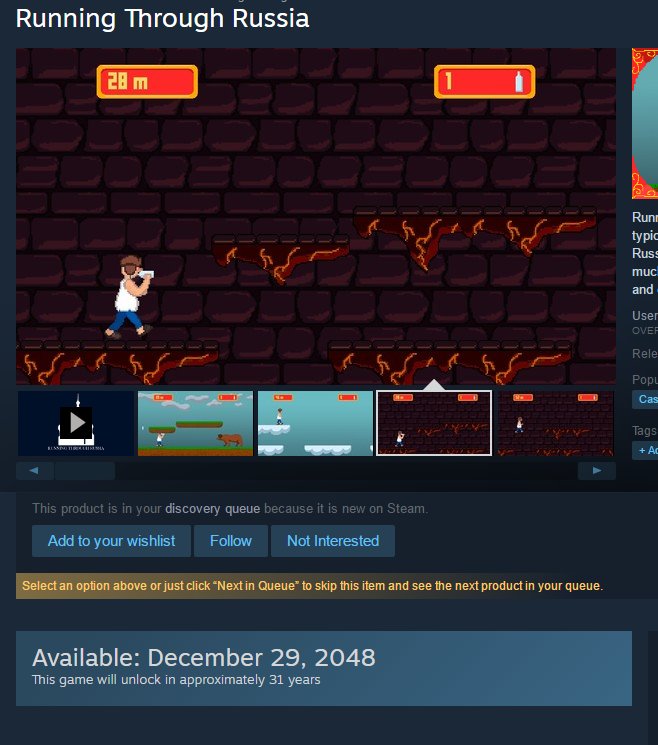 KenBrody61's tweet photo. @steam_games I'm noticing a slight... shall we say, "issue"... with "Running Through Russia"'s release date. https://t.co/ZjQMyvIPPJ