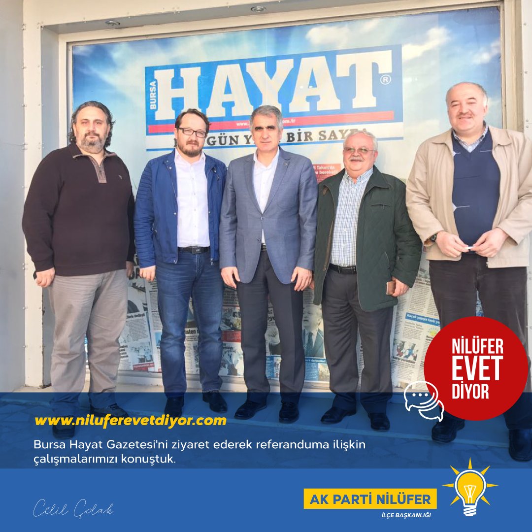 niluferevet's tweet photo. Bursa Hayat Gazetesi'ni ziyaret ederek referanduma ilişkin çalışmalarımızı konuştuk. Nilüfer Evet Diyor.  🇹🇷🇹🇷🇹🇷 #nilüferevetdiyor https://t.co/eYLVXLhwQ4