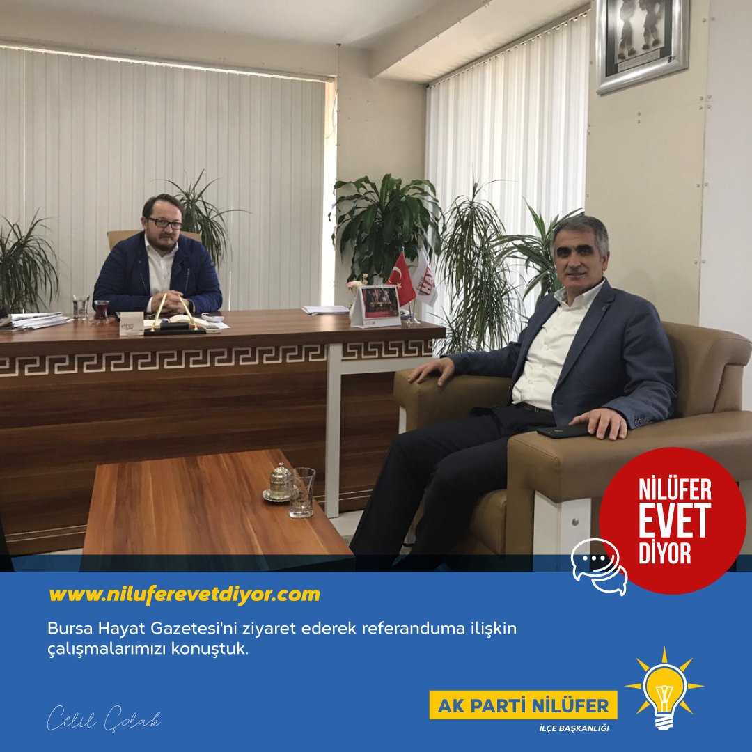 niluferevet's tweet photo. Bursa Hayat Gazetesi'ni ziyaret ederek referanduma ilişkin çalışmalarımızı konuştuk. Nilüfer Evet Diyor.  🇹🇷🇹🇷🇹🇷 #nilüferevetdiyor https://t.co/eYLVXLhwQ4