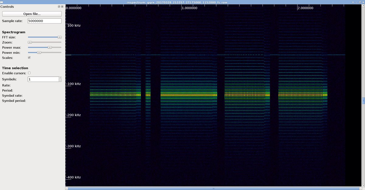 uber_security's tweet photo. Using #inspectrum to view rc dongle up-down-l-r at 27mhz. #rtlsdr #gnuradio https://t.co/KpnRpe11ip