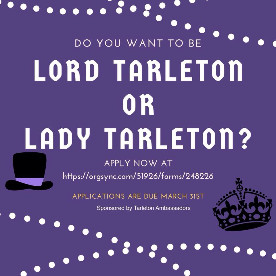 TSUambassadors's tweet photo. 3 days left!!! Turn your application in as soon as you can and save this grand tradition! Be our next Lord/Lady Tarleton! 💜 https://t.co/v4cU2HRxa3