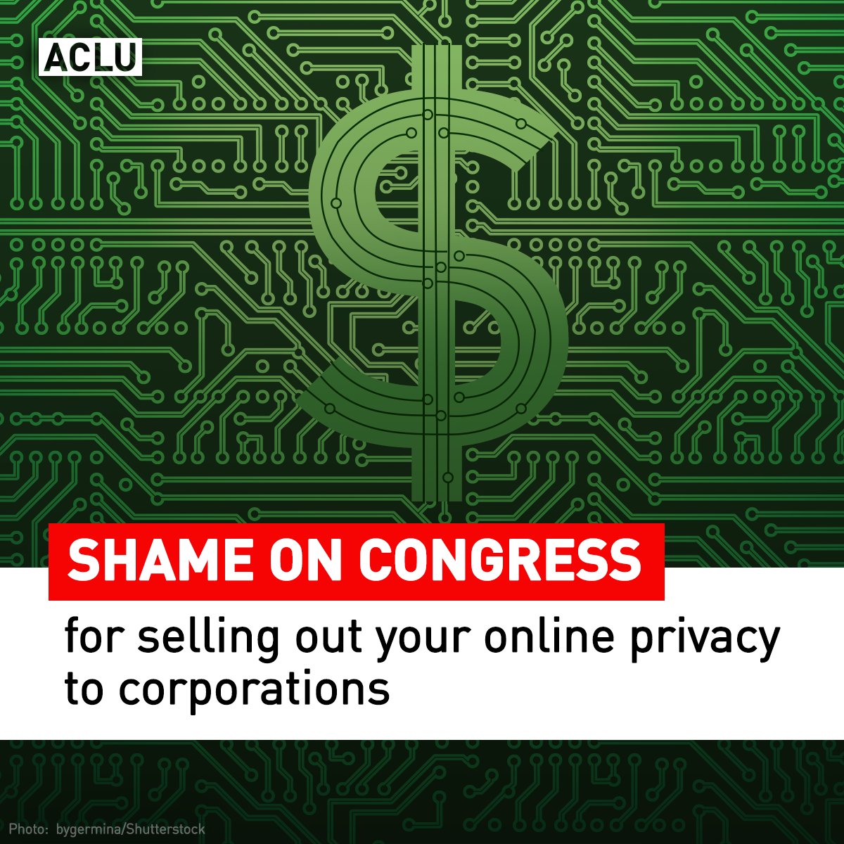ACLU's tweet image. BREAKING: Congress votes to gut #broadbandprivacy protections.