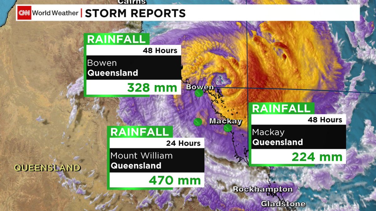 TomSaterCNN's tweet photo. #TropicalCycloneDebbie continues to drop heavy rain and will for entire eastern coast. Rivers high and flooding headed for #NSW @cnntoday https://t.co/kdwfdakcNj