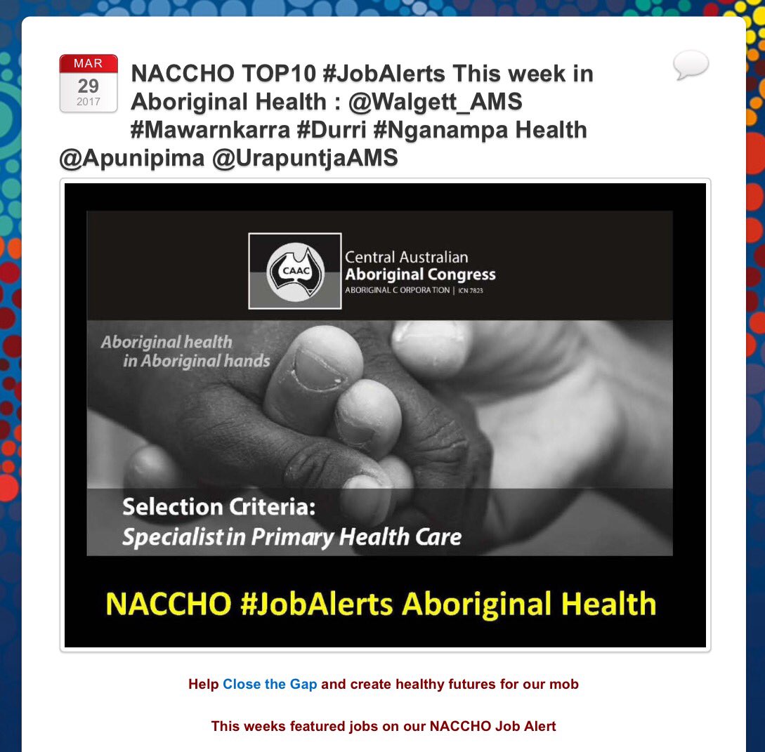 AMSANTaus's tweet photo. .@jpatto12 TOP10 #JobAlerts This week in Aboriginal Health : #Congress Alice @Walgett_AMS #Mawarnkarra #Durri
https://t.co/HdXBhO7uCm https://t.co/RnXv6fEUfN