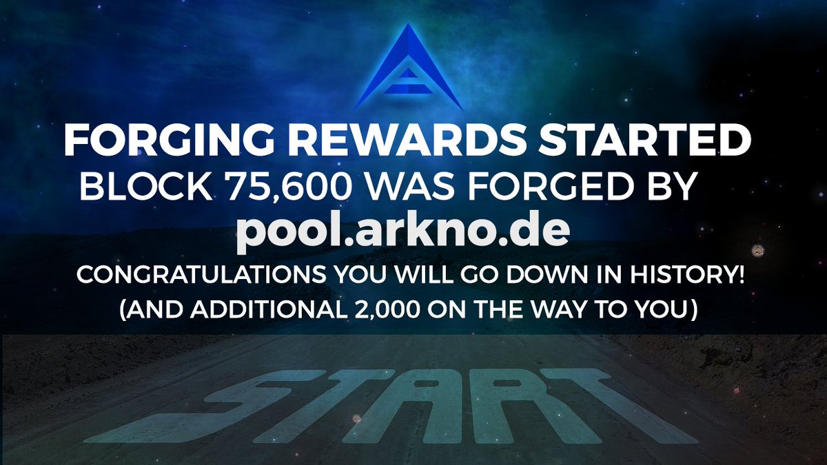 ArkEcosystem's tweet photo. Forging rewards started! Block 75,600 with 1st 2 ARK reward forged by https://t.co/SncDN147Ii ! Congratulations! #lethegamebegin #blockchain https://t.co/kHAF8r6tja