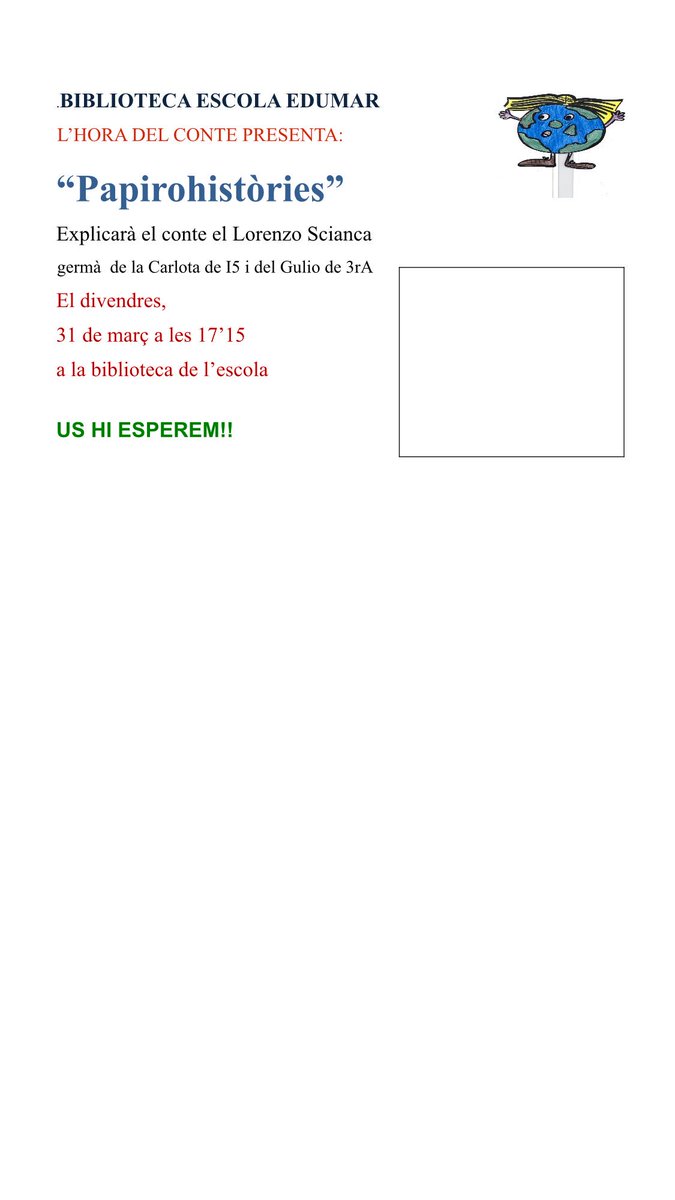 El proper divendres, 31 de març, a les 17:15, us hi esperem per l'Hora del Conte!!!