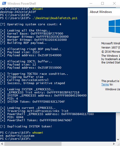 FuzzySec's tweet image. A #PowerShell solution for @HackSysTeam DoubleFetch on Win10 v1607, I'll drop the code on GitHub after some cleanup
