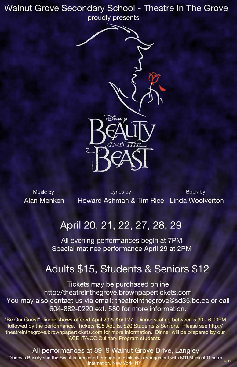 Theatre in the Grove proudly presents Beauty &amp; the Beast starting April 20!  Box office opens midnight March 30. <a href="/WGSS_GNN/">Gator Nation News</a> <a href="/LangleySchools/">Langley Schools</a>