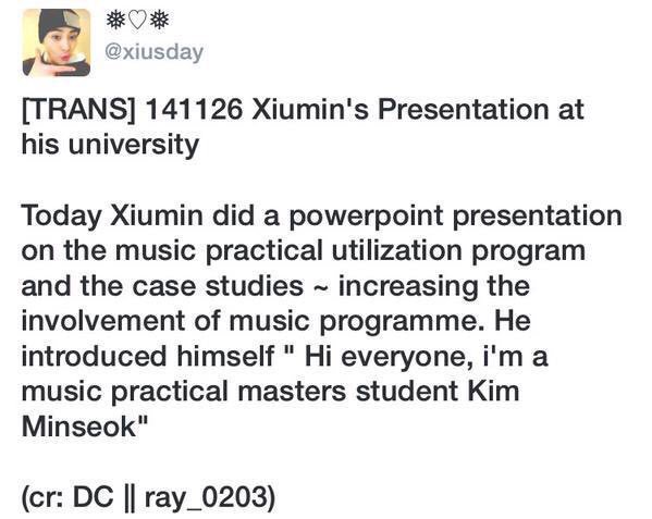 peachysooo's tweet photo. Xiumin: “Hi everyone, i'm a music practical masters student Kim Minseok“

what an inspiration 👏🏻 https://t.co/9GbiPMbsez